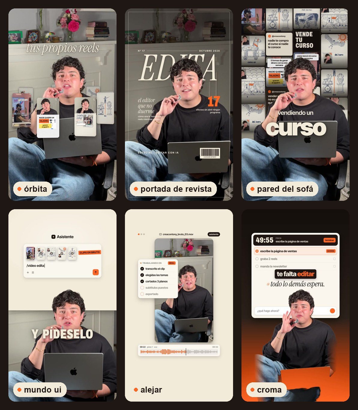 Seis de los 21 efectos, hechos por Claude sobre un vídeo mío a cámara.
